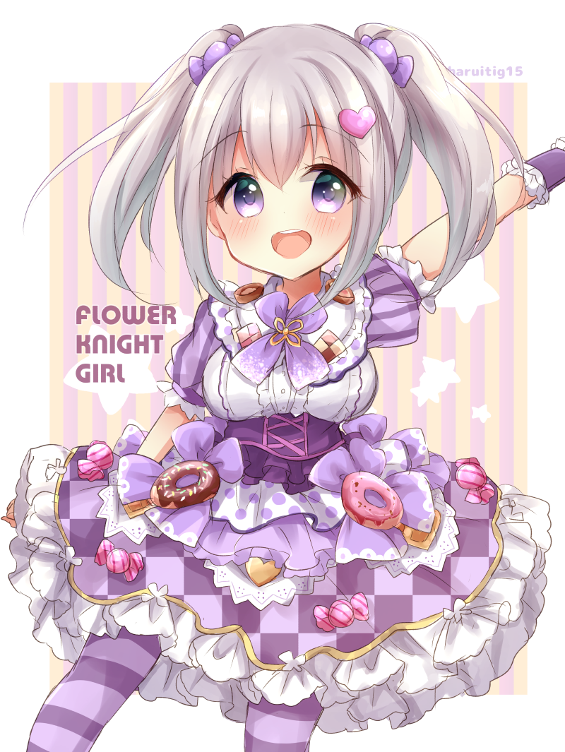 1girl :d bangs blush bow breasts candy candy_hair_ornament candy_wrapper center_frills checkered checkered_skirt cookie copyright_name doughnut eyebrows_visible_through_hair flower_knight_girl food food_themed_hair_ornament frilled_skirt frilled_sleeves frills grey_hair hair_between_eyes hair_ornament haru_ichigo heart_hair_ornament iberis_(flower_knight_girl) long_hair looking_at_viewer medium_breasts open_mouth outstretched_arm pantyhose puffy_short_sleeves puffy_sleeves purple_bow purple_legwear purple_skirt shirt short_sleeves sidelocks skirt smile solo star striped striped_legwear striped_sleeves tareme twintails upper_teeth vertical-striped_background vertical_stripes violet_eyes white_shirt wrist_cuffs