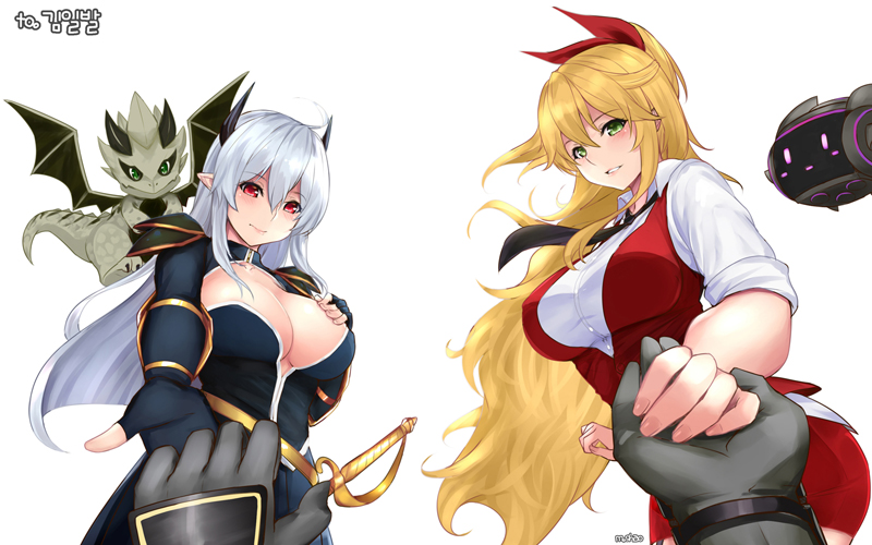 2girls black_neckwear blonde_hair blush breasts character_request cleavage closed_mouth cowboy_shot dragon drone dungeon_and_fighter female_gunner_(dungeon_and_fighter) fingerless_gloves foreshortening gloves green_eyes hair_ribbon hand_holding horns large_breasts long_hair looking_at_viewer multiple_girls parted_lips pointy_ears pov pov_hands red_eyes ribbon shaojiang silver_hair smile very_long_hair