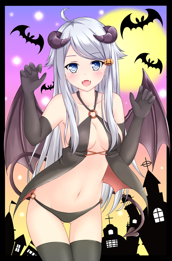 1girl :d ahoge bangs bat bikini_bottom black_bikini_bottom black_gloves black_legwear blue_eyes blush border building claw_pose collarbone cowboy_shot criss-cross_halter demon_girl demon_horns demon_tail demon_wings elbow_gloves eyebrows_visible_through_hair full_moon gloves gluteal_fold gradient gradient_background groin hair_flaps hair_ornament halloween halterneck horns imouto_sae_ireba_ii jack-o'-lantern jack-o'-lantern_hair_ornament kani_nayuta leaning_forward long_hair looking_at_viewer moon navel o-ring o-ring_bottom open_mouth silhouette silver_hair smile solo swept_bangs tail tear_u thigh-highs very_long_hair wings