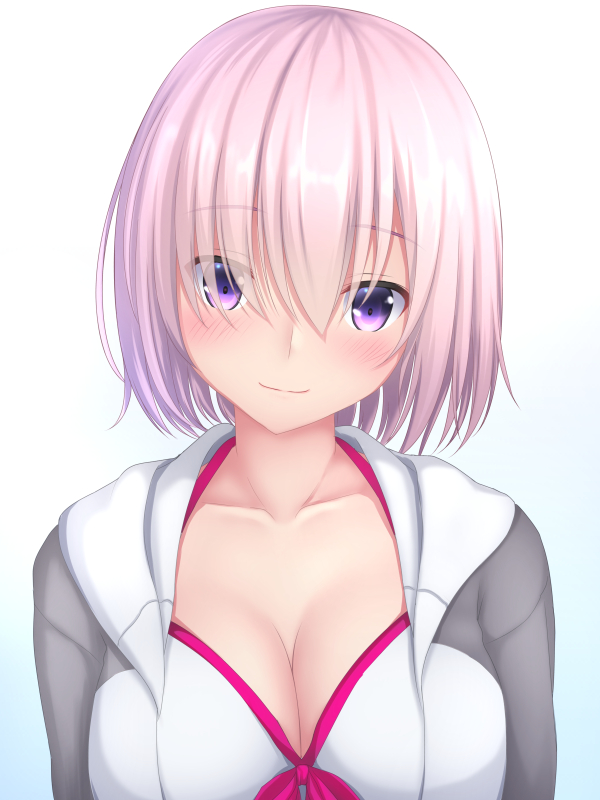 1girl blush breasts cleavage collarbone eyebrows_visible_through_hair fate/grand_order fate_(series) hair_between_eyes large_breasts looking_at_viewer pink_hair shielder_(fate/grand_order) short_hair smile solo tapisuke upper_body violet_eyes