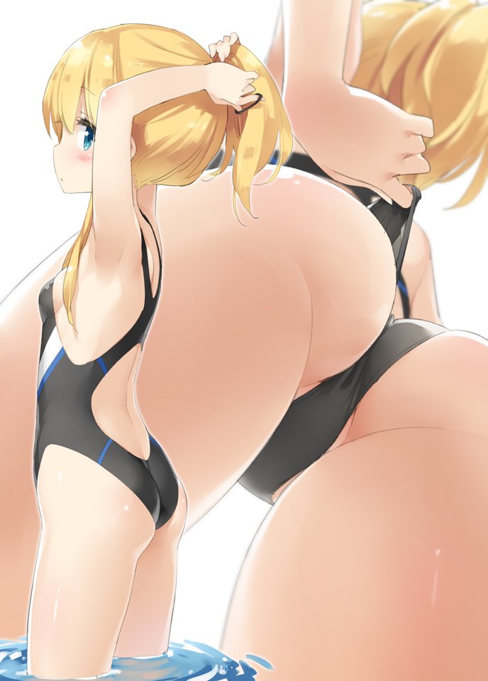 1girl adjusting_clothes adjusting_swimsuit arms_up ass black_swimsuit blonde_hair blue_eyes breasts competition_swimsuit cowboy_shot from_below hair_between_eyes looking_at_viewer multiple_views one-piece_swimsuit original peko profile shimotsuki_potofu sidelocks simple_background small_breasts swimsuit tying_hair wading white_background
