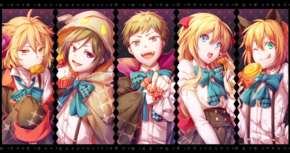 5boys :d :o ;q animal_ears aqua_eyes atsushi_toushirou bandage black_hair blonde_hair blue_eyes bolt brown_eyes brown_hair candy cape column_lineup cupcake food gotou_toushirou grey_eyes halloween hood jack-o'-lantern kiringo lollipop male_focus midare_toushirou mouth_hold multiple_boys one_eye_closed open_mouth redhead shinano_toushirou skirt sleeves_past_wrists smile suspenders swirl_lollipop tongue tongue_out touken_ranbu trap violet_eyes wolf_ears yagen_toushirou