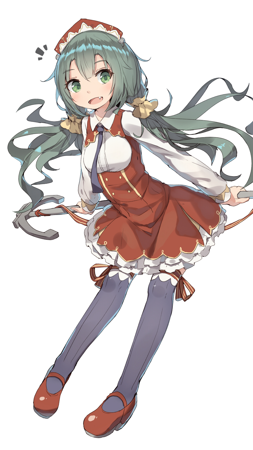 1girl :d anchor azur_lane dress eyebrows_visible_through_hair fang full_body glowworm_(azur_lane) green_eyes green_hair hair_ornament hair_scrunchie hat highres leaning_forward long_hair long_sleeves looking_at_viewer low_twintails open_mouth red_dress red_footwear ribbon scrunchie shoes shone simple_background smile solo thigh-highs thigh_ribbon twintails underbust white_background