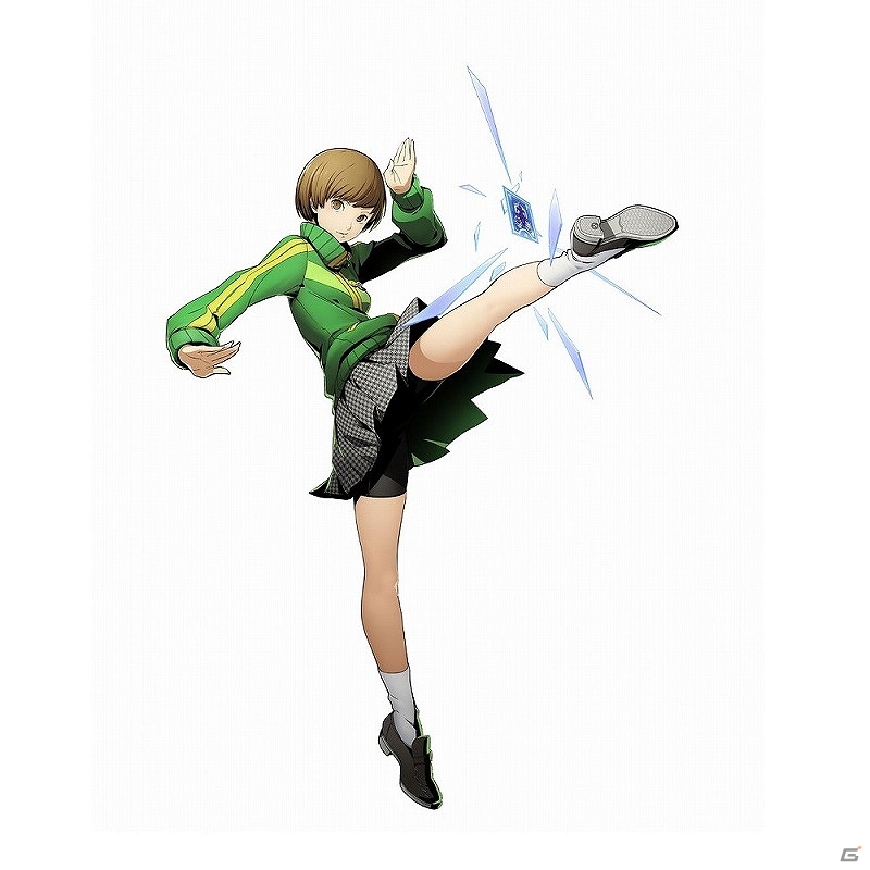 1girl blazblue:_cross_tag_battle fighting_stance jersey kicking official_art persona persona_4 persona_4:_the_ultimate_in_mayonaka_arena satonaka_chie shorts_under_skirt solo