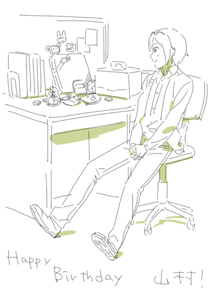 1boy bag cardigan chair closed_mouth desk happy_birthday idolmaster idolmaster_side-m monochrome office_chair pall sitting smile solo yamamura_ken