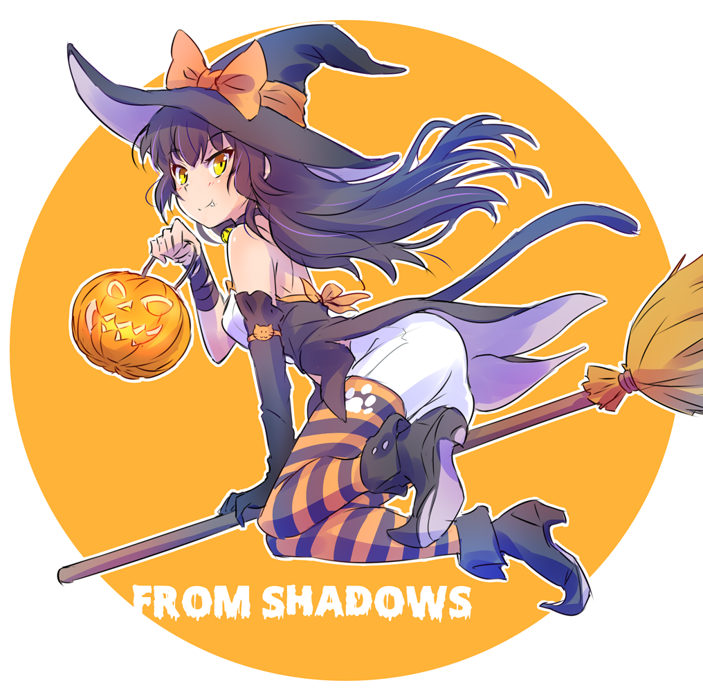 1girl bell bell_collar black_hair blake_belladonna boots broom broom_riding cat_tail collar english fang halloween halloween_costume hat high_heel_boots high_heels iesupa jack-o'-lantern paw_pose rwby solo tail witch witch_hat yellow_eyes