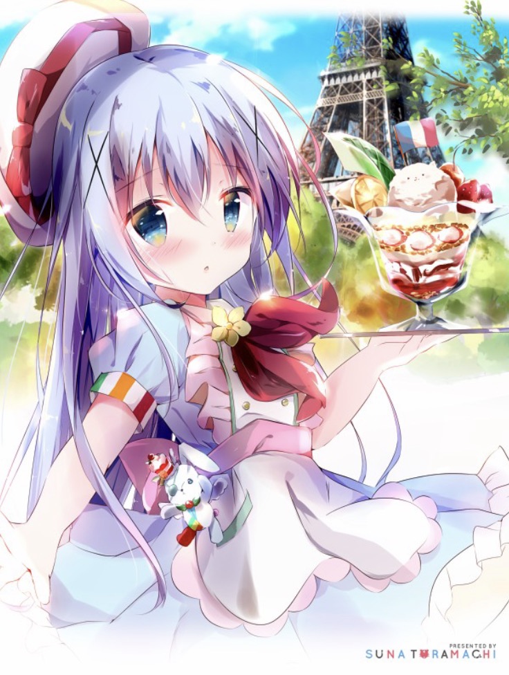 1girl :o apron bangs beret blue_eyes blue_hair blue_shirt blue_skirt blue_sky blush bow charm_(object) clouds commentary_request day eiffel_tower eyebrows_visible_through_hair french_flag frilled_skirt frills gochuumon_wa_usagi_desu_ka? hair_between_eyes hair_ornament hat holding holding_tray kafuu_chino kirakira_precure_a_la_mode long_hair looking_at_viewer looking_to_the_side minase_inori outdoors outstretched_arm parfait parted_lips precure puffy_short_sleeves puffy_sleeves red_bow seiyuu_connection shirt short_sleeves skirt sky solo stuffed_animal stuffed_bunny stuffed_toy toramachisu_na tray very_long_hair waist_apron white_apron white_hat x_hair_ornament