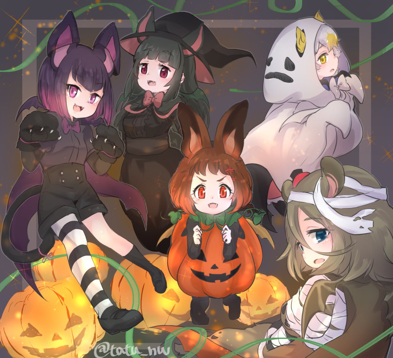 &gt;:d 5girls :d anger_vein animal_ears bandage bat_ears bat_wings black_legwear blue_eyes bow bowtie brown_hair brown_long-eared_bat_(kemono_friends) cape cat_ears cat_tail commentary_request common_vampire_bat_(kemono_friends) ears_through_headwear eyebrows_visible_through_hair fake_animal_ears fangs fraternal_myotis_(kemono_friends) ghost_costume gloves gradient_hair green_hair halloween halloween_costume hat hilgendorf's_tube-nose_bat_(kemono_friends) honduran_white_bat_(kemono_friends) jack-o'-lantern kemono_friends kneehighs long_hair looking_at_viewer mismatched_legwear multicolored_hair multiple_girls open_mouth paw_gloves paws pink_eyes pumpkin_costume purple_hair red_eyes short_hair smile striped striped_legwear tail tatsuno_newo thigh-highs twitter_username white_hair wings witch_hat yellow_eyes