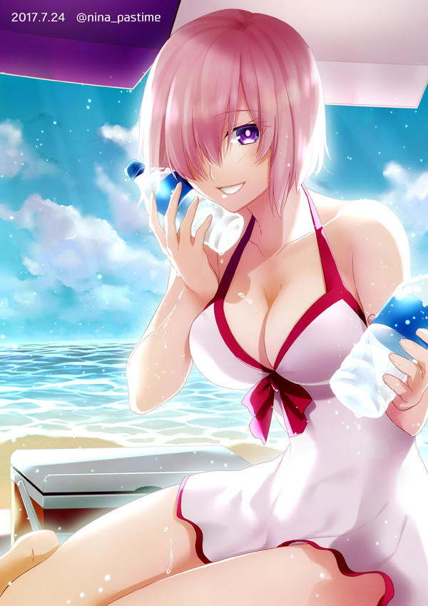2017 :d artist_name barefoot battle beach blue_sky bottle breasts cleavage clouds collarbone dated dress eyebrows_visible_through_hair fate/grand_order fate_(series) hair_over_one_eye holding holding_bottle large_breasts looking_at_viewer nina_(pastime) ocean open_mouth outdoors pink_hair shielder_(fate/grand_order) short_dress short_hair sky sleeveless sleeveless_dress smile violet_eyes water_battle white_dress