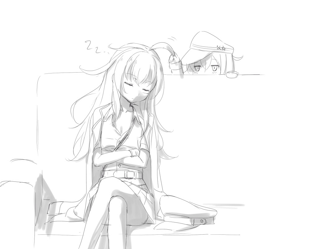 2girls ahoge cnm gangut_(kantai_collection) hair_pull headwear_removed hibiki_(kantai_collection) jacket_on_shoulders kantai_collection long_hair monochrome multiple_girls pantyhose pleated_skirt scar skirt sleeping verniy_(kantai_collection) zzz