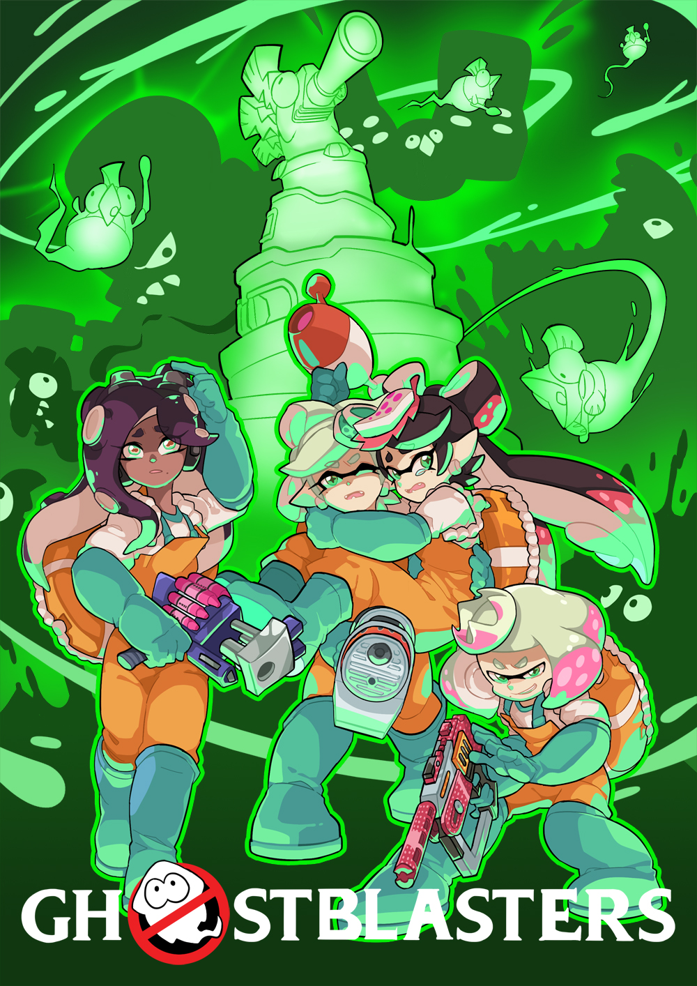 4girls aori_(splatoon) boots carrying dark_skin fangs ghost ghostbusters gloves green_footwear green_gloves gun highres hime_(splatoon) hotaru_(splatoon) iida_(splatoon) looking_at_viewer mole mole_under_mouth multiple_girls open_mouth overalls parody princess_carry rubber_boots rubber_gloves salmon_run scared splatoon splatoon_1 splatoon_2 tearing_up tentacle_hair weapon wong_ying_chee