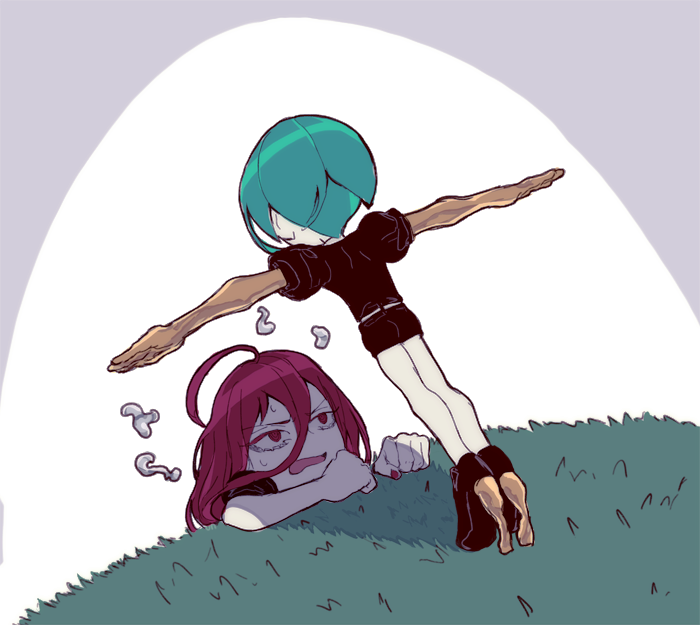 2others androgynous black_shorts cliff crystal_hair gem_uniform_(houseki_no_kuni) golden_arms grass high_heels houseki_no_kuni kuzudon leaning_forward looking_at_another looking_up multiple_others nail_polish open_mouth phosphophyllite red_nails shinsha_(houseki_no_kuni) shorts t-pose uniform