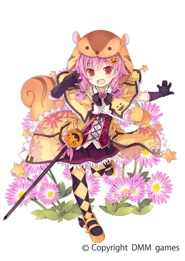 1girl :d acorn_bag animal_ears animal_hood argyle argyle_legwear arm_up bag bangs black_bow black_gloves blush bow capelet collared_shirt commentary_request daisy daisy_(flower_knight_girl) eyebrows_visible_through_hair fang floral_print flower flower_knight_girl full_body gloves hair_between_eyes hair_flaps hair_ornament hair_tie halloween heart hood hood_up hooded_capelet jack-o'-lantern jack-o'-lantern_hair_ornament jacket kurasuke long_hair looking_at_viewer low_twintails object_namesake official_art open_clothes open_jacket open_mouth orange_footwear orange_jacket outstretched_arm pantyhose pink_hair pleated_skirt print_jacket purple_skirt red_eyes shirt shoes shoulder_bag simple_background skirt smile solo squirrel_ears squirrel_hood squirrel_tail standing standing_on_one_leg star sword tail twintails underbust weapon white_background white_shirt