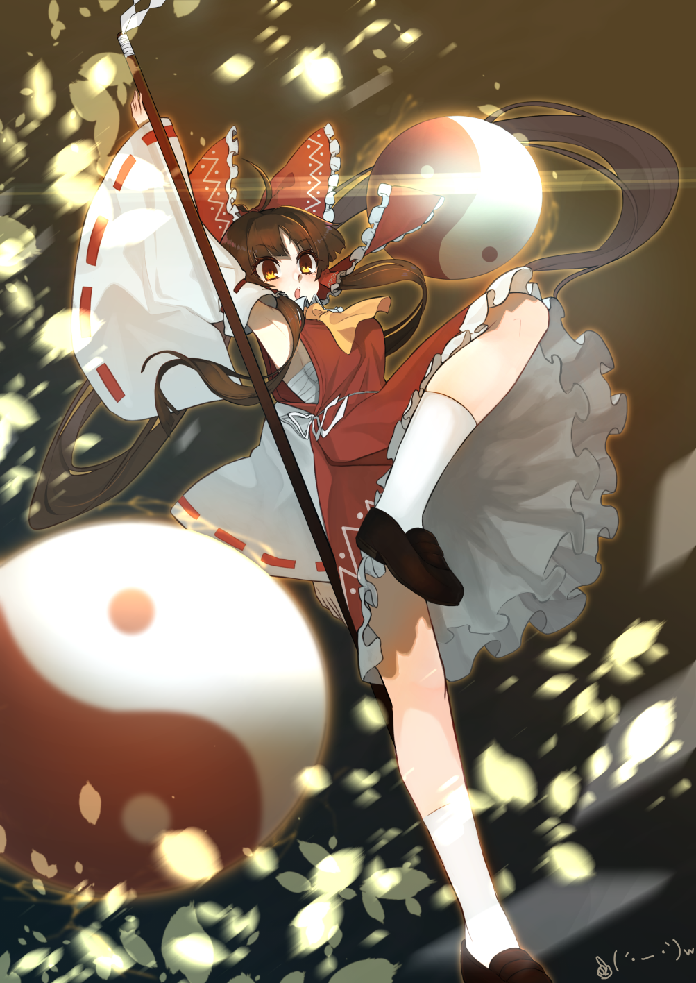 1girl ahoge arm_up armpits ascot blurry bow brown_hair detached_sleeves dress emoticon frilled_bow frilled_dress frills gohei hair_bow hakurei_reimu highres lens_flare loafers long_hair nakano_elsa open_mouth petals ponytail red_bow red_dress ribbon_trim sarashi shoes sidelocks socks solo standing standing_on_one_leg touhou very_long_hair white_legwear wide_sleeves yellow_eyes yellow_neckwear yin_yang_orb