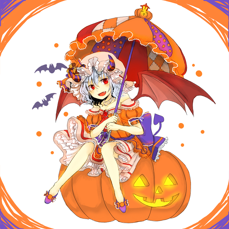 &gt;:d :d bat bat_wings bow brooch commentary_request demon_tail dress eyebrows_visible_through_hair fang frills halloween halloween_costume heart heart_tail holding holding_umbrella horns jack-o'-lantern jewelry mangetsu_(yayoi) necklace open_mouth parasol patches puffy_short_sleeves puffy_sleeves pumpkin purple_ribbon red_eyes red_wings remilia_scarlet ribbon short_hair short_sleeves simple_background sitting smile strapless strapless_dress tail touhou umbrella wings