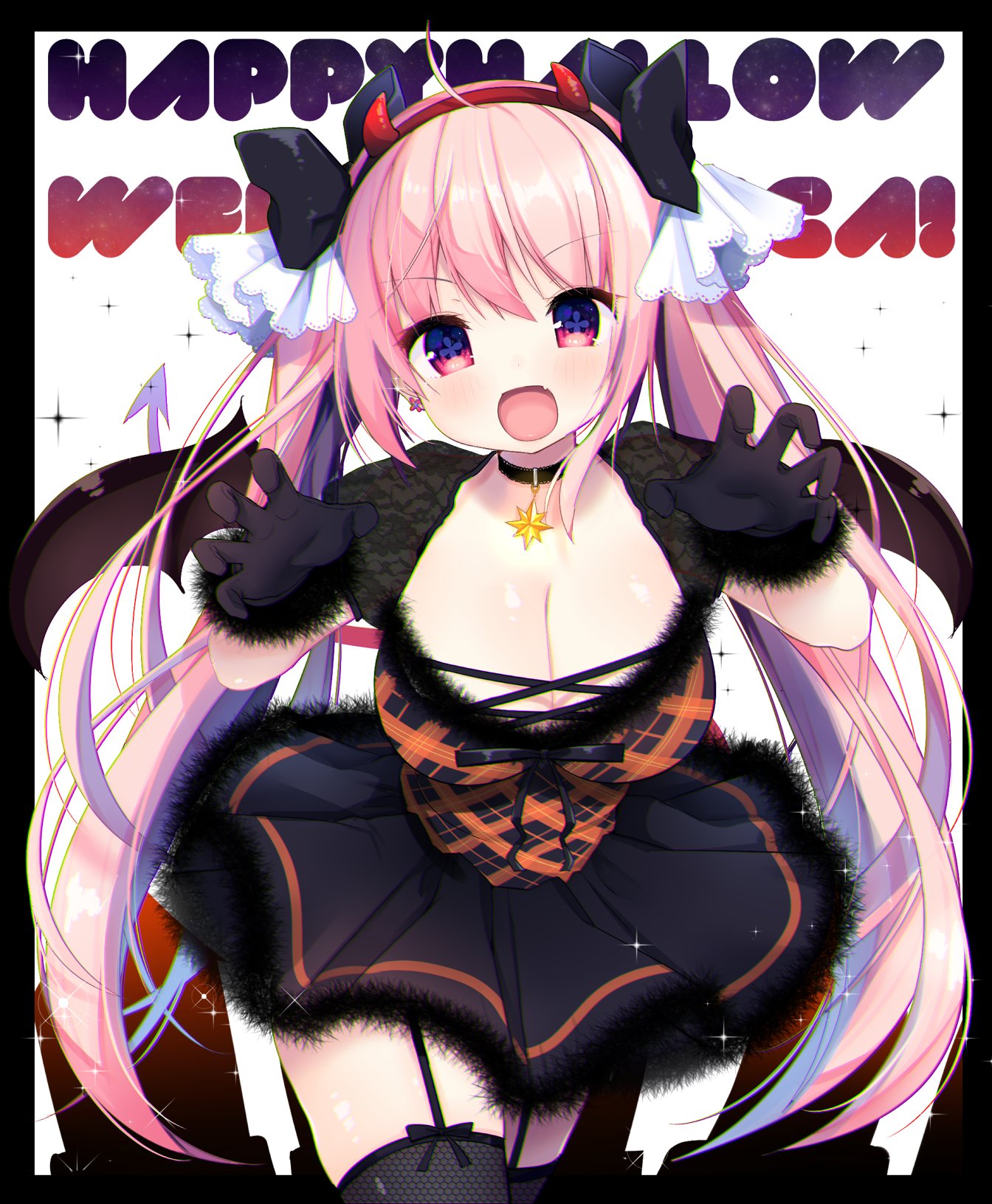 1girl bangs black_border black_dress black_gloves black_legwear black_ribbon border breasts choker claw_pose cleavage commentary_request cowboy_shot demon_tail demon_wings dress earrings fake_horns fang gloves hair_ribbon hairband halloween halloween_costume happy_halloween highres jewelry large_breasts leaning_forward long_hair looking_at_viewer museca open_mouth pink_hair red_hairband ribbon shiika_yuno short_dress smile solo star symbol-shaped_pupils tail thigh-highs very_long_hair white_background wings
