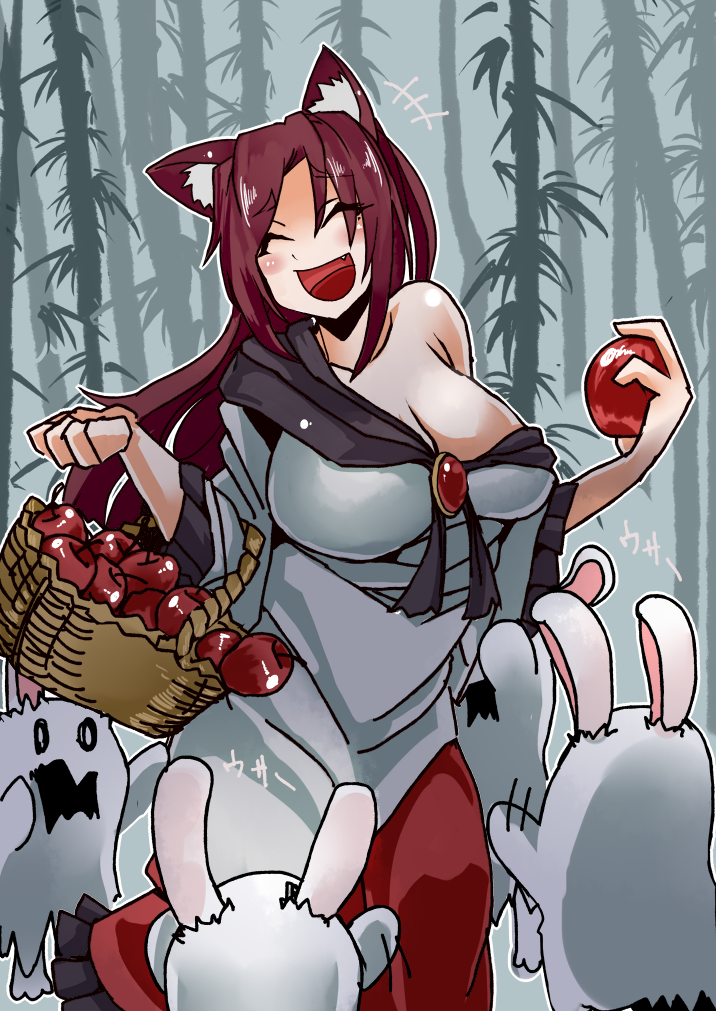+++ 1girl ^_^ animal_ears apple bamboo bare_shoulders basket breasts brooch brown_hair cleavage closed_eyes collarbone cowboy_shot dress eyebrows_visible_through_hair fang food fruit ghost_costume halloween_costume hands_up heiseikorotaisei holding holding_fruit imaizumi_kagerou jewelry large_breasts laughing long_sleeves off_shoulder open_mouth outdoors rabbit_ears smile standing touhou wide_sleeves wolf_ears
