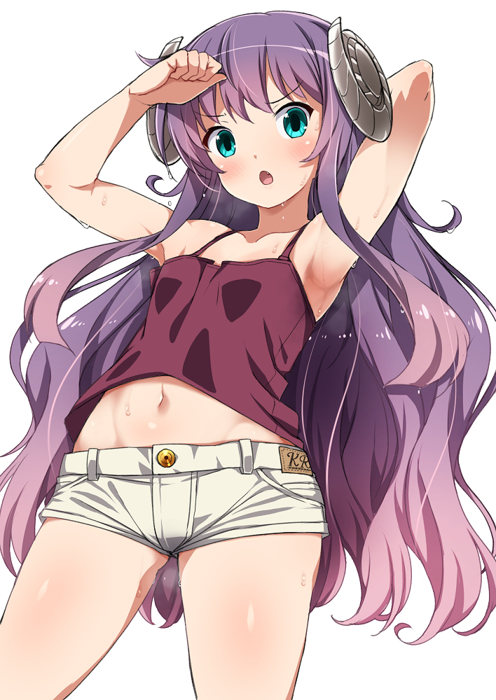 1girl armpits bare_shoulders blue_eyes blush camisole dripping fang gankutsu-sou_no_fuyajou-san hitsujigaoka_nemu horns kounosu_satori long_hair looking_at_viewer navel open_mouth purple_hair sheep_horns short_shorts shorts solo sweat sweating very_long_hair wavy_hair wet wet_clothes