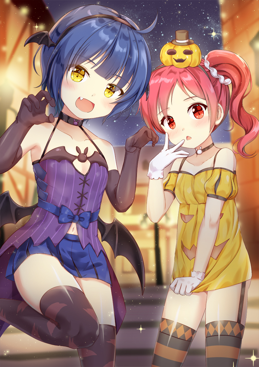 2girls :d argyle bangs bare_shoulders bat_wings black_gloves black_hairband black_hat black_legwear black_neckwear blue_hair blue_skirt blush building camisole choker claw_pose collarbone commentary detached_sleeves dress dress_tug elbow_gloves eyebrows_visible_through_hair fake_wings fang food_themed_hair_ornament garter_straps gloves gochuumon_wa_usagi_desu_ka? hair_ornament hairband halloween halloween_costume halter_top halterneck hand_to_own_mouth hat head_tilt head_wings highres jack-o'-lantern jouga_maya lamppost long_hair looking_at_viewer mini_hat mini_top_hat miniskirt multiple_girls natsu_megumi navel night night_sky niiya off-shoulder_dress off_shoulder open_mouth outdoors parted_lips pleated_skirt puffy_short_sleeves puffy_sleeves pumpkin_hair_ornament purple_camisole red_eyes redhead short_dress short_hair short_sleeves side_ponytail skirt sky smile standing standing_on_one_leg star_(sky) starry_sky striped striped_legwear thigh-highs top_hat triangle_mouth twintails white_gloves wings yellow_dress yellow_eyes