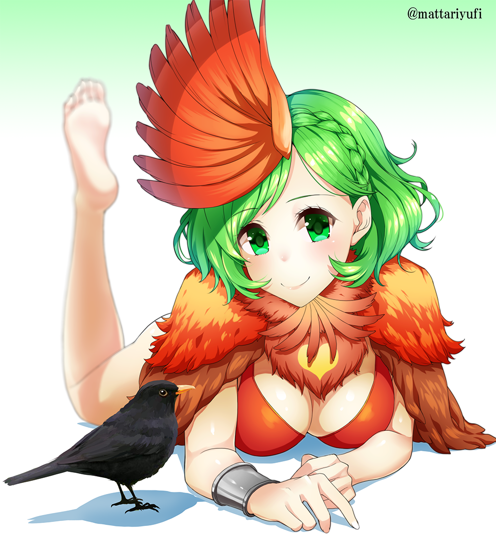 1girl barefoot bikini_top bird blurry breasts cleavage commentary_request crow depth_of_field feather_boa feathers feet gradient gradient_background green_eyes green_hair hair_ornament juuni_taisen large_breasts looking_at_viewer lying mattari_yufi niwa_ryouka on_stomach smile soles toes