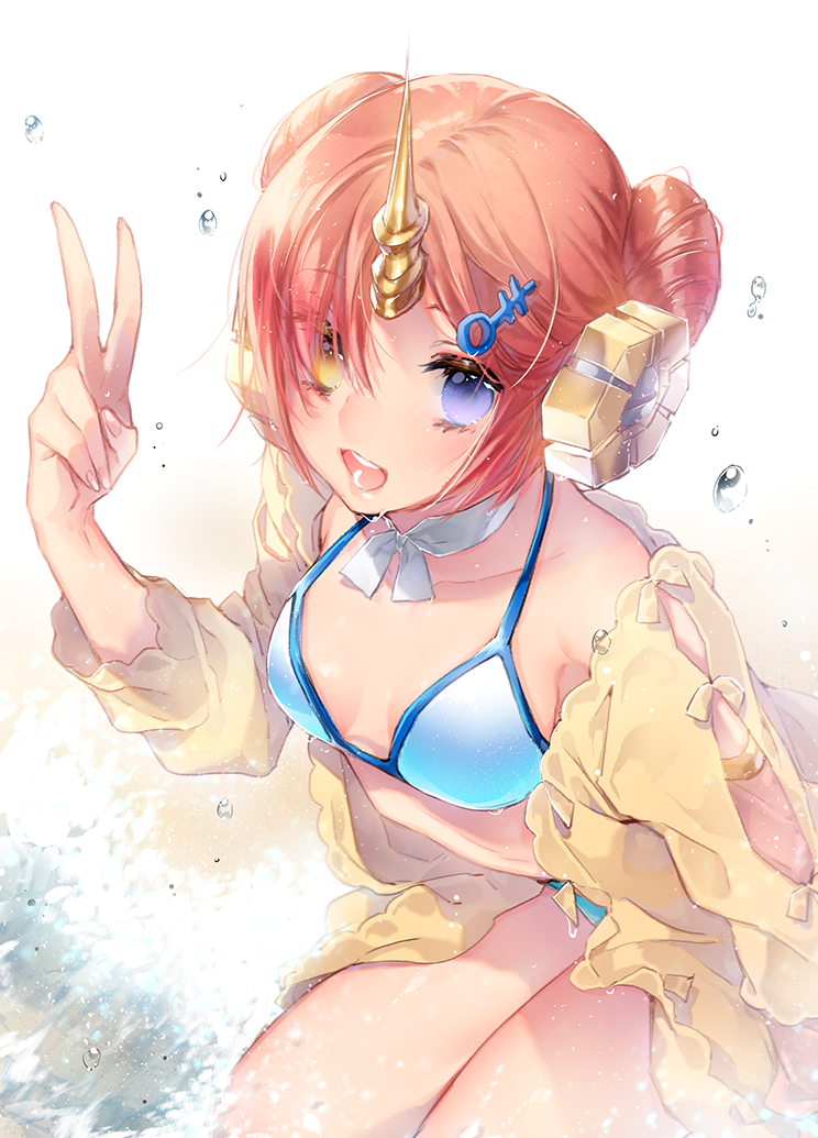 1girl berserker_of_black bikini blue_bikini blue_eyes breasts cleavage fate/apocrypha fate/grand_order fate_(series) frankenstein's_monster_(swimsuit_saber)_(fate) hair_over_one_eye heterochromia horn mirunai pink_hair short_hair small_breasts solo swimsuit swimsuit_under_clothes v white_background yellow_eyes