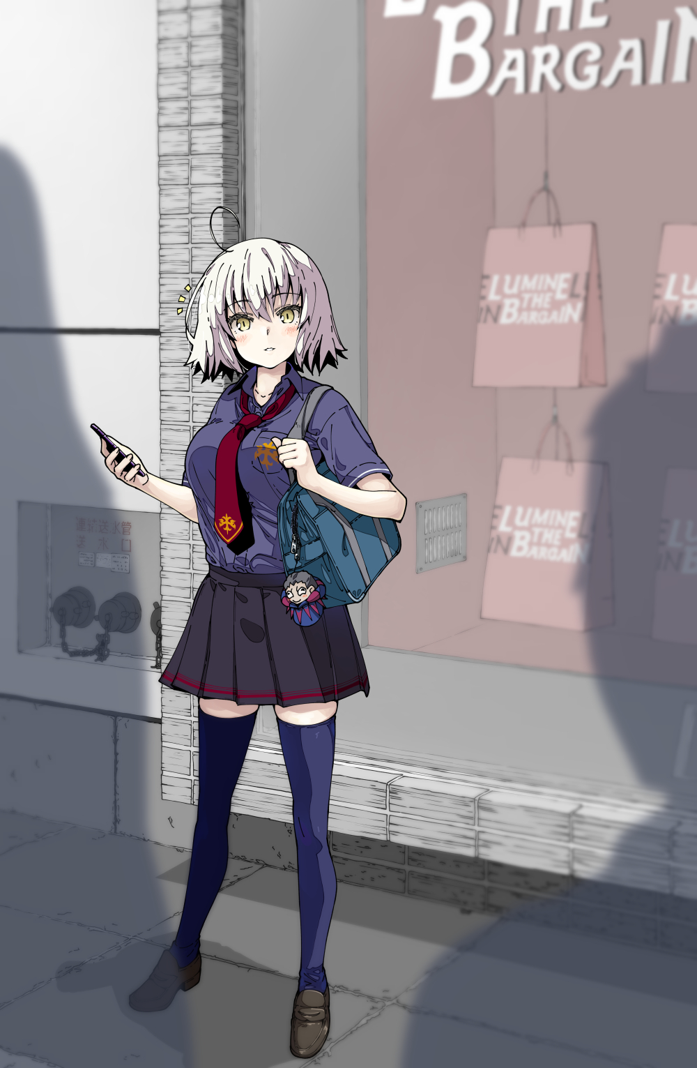 ahoge bag cellphone commentary_request fate/grand_order fate_(series) highres iwasaki_takashi jeanne_alter necktie phone ruler_(fate/apocrypha) school_bag school_uniform short_hair short_sleeves skirt smartphone thigh-highs yellow_eyes zettai_ryouiki