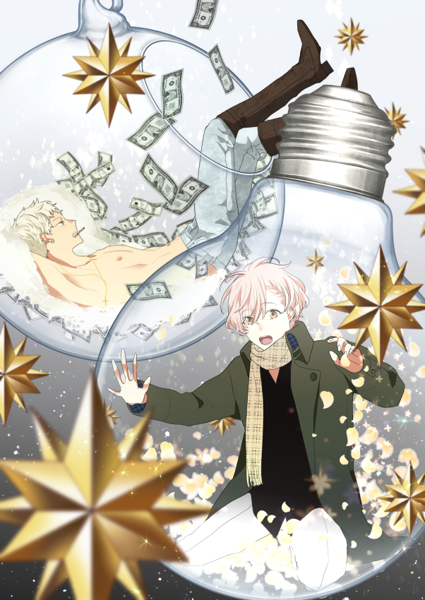 2boys areolae bare_chest bills blonde_hair boots coat denim earrings jeans jewelry lying male_focus money multiple_boys on_back open_clothes open_coat original ornament pants pillow pink_hair scarf shirtless winter_clothes winter_coat