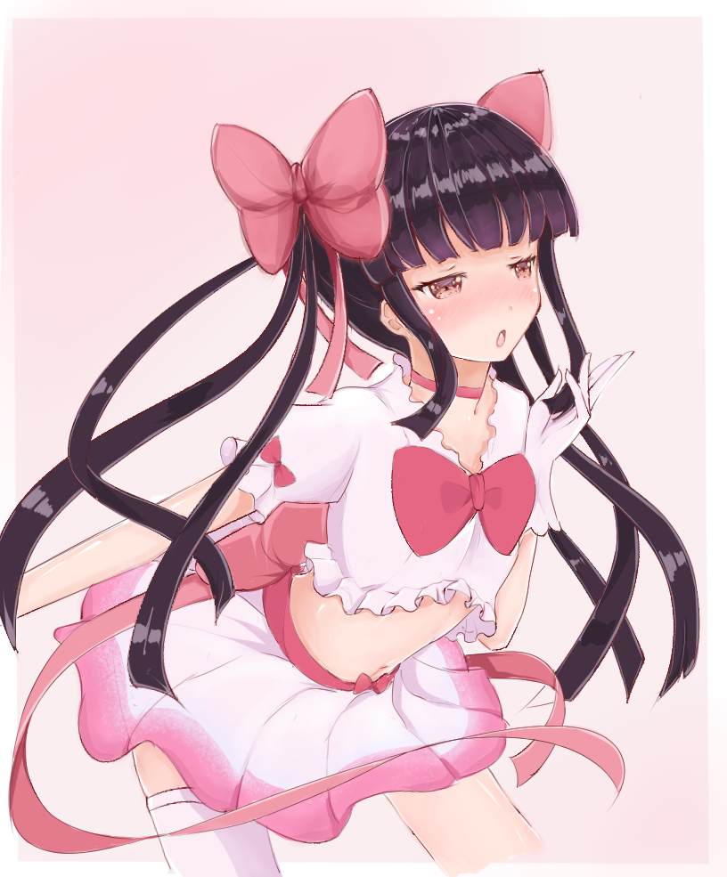 black_hair blend_s bow gloves hair_bow looking_to_the_side magical_girl midriff navel pink_bow sakuranomiya_maika standing twintails white_gloves