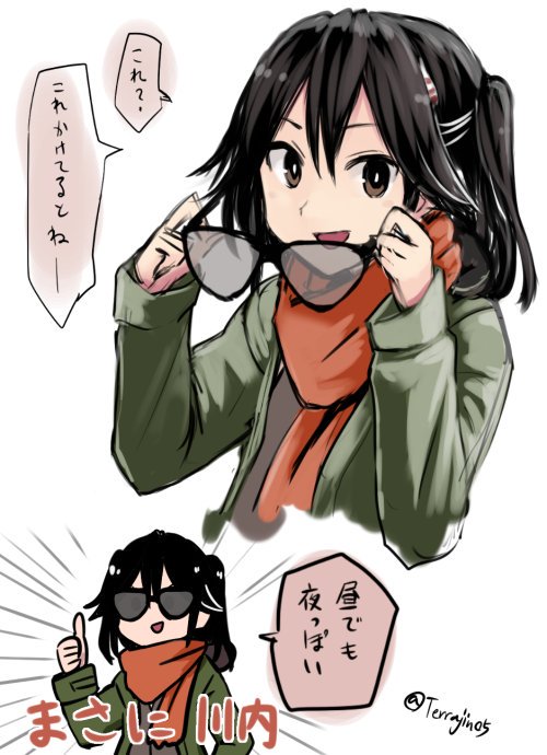 1girl alternate_costume brown_eyes brown_hair brown_vest coat commentary green_coat hair_between_eyes hair_ornament holding_eyewear kantai_collection looking_at_viewer night_battle_idiot open_mouth orange_scarf scarf sendai_(kantai_collection) smile solo sunglasses terrajin thumbs_up translated twintails twitter_username