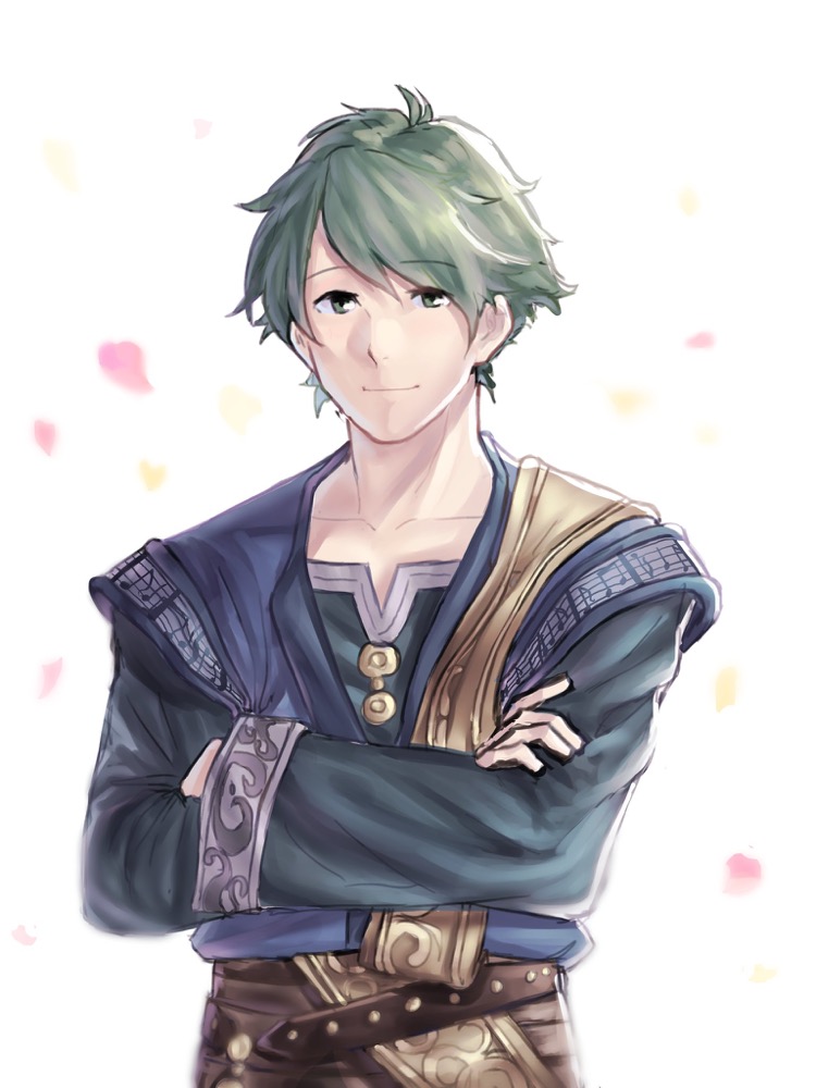 1boy alm_(fire_emblem) alternate_costume crossed_arms fire_emblem fire_emblem_echoes:_mou_hitori_no_eiyuuou green_eyes green_hair male_focus petals simple_background solo upper_body white_background