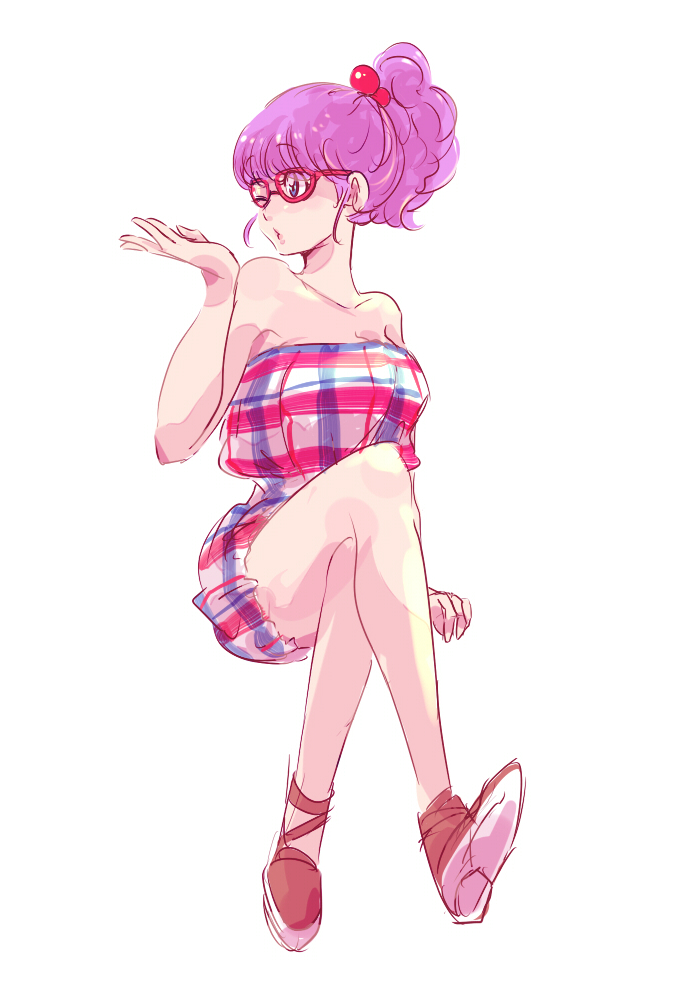 1girl bare_legs bare_shoulders blue_eyes bra_(dragon_ball) dragon_ball eyebrows_visible_through_hair full_body glasses legs_crossed looking_away miiko_(drops7) one_eye_closed ponytail purple_hair simple_background solo_focus tied_hair white_background