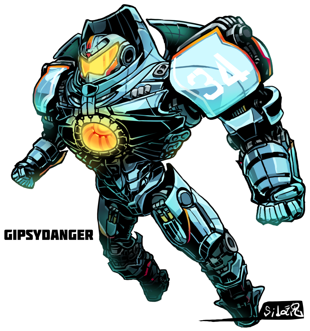 armor character_name clenched_hands commentary_request full_body gipsy_danger glowing mecha no_humans pacific_rim robot sido_(slipknot) signature simple_background white_background