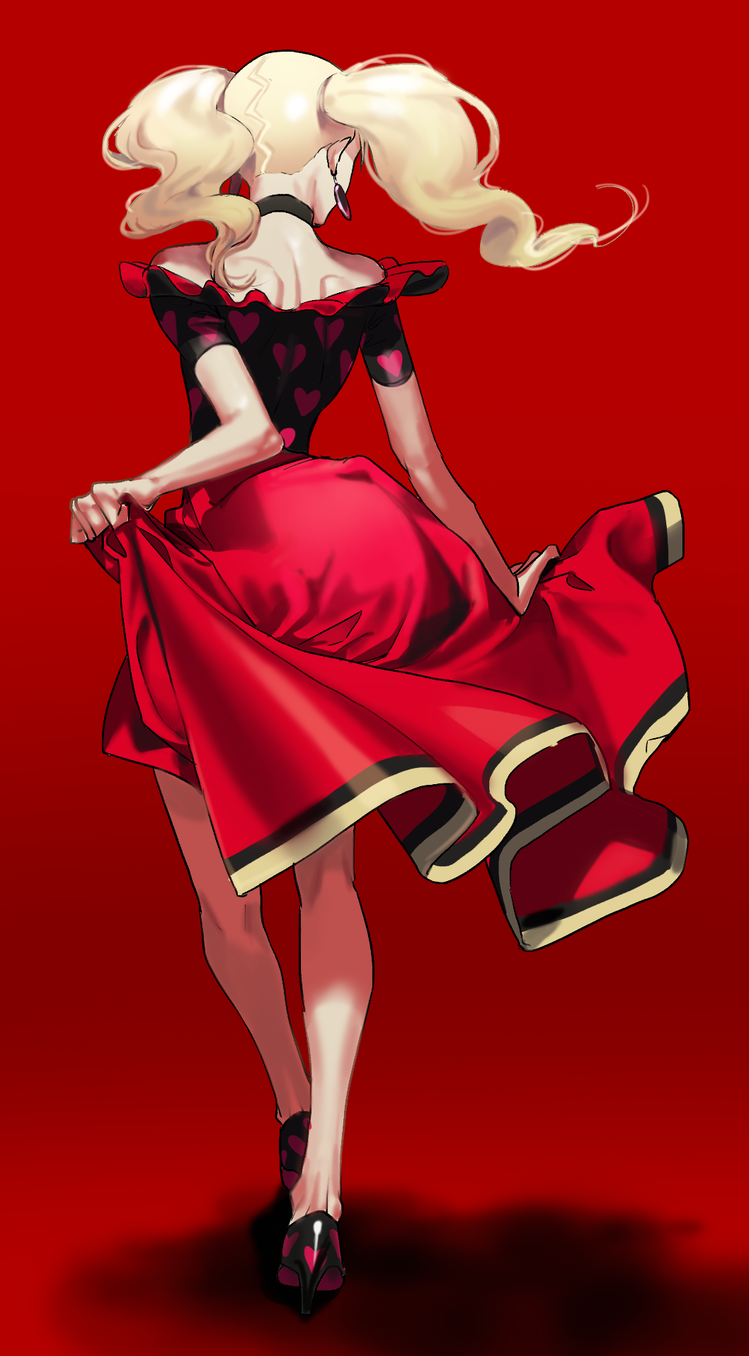 1girl back bare_shoulders blonde_hair dancing dress dress_lift earrings frilled_dress frills from_behind heart heart_print high_heels highres hoop_earrings jewelry persona persona_5 red_background solo takamaki_anne thomas_on twintails