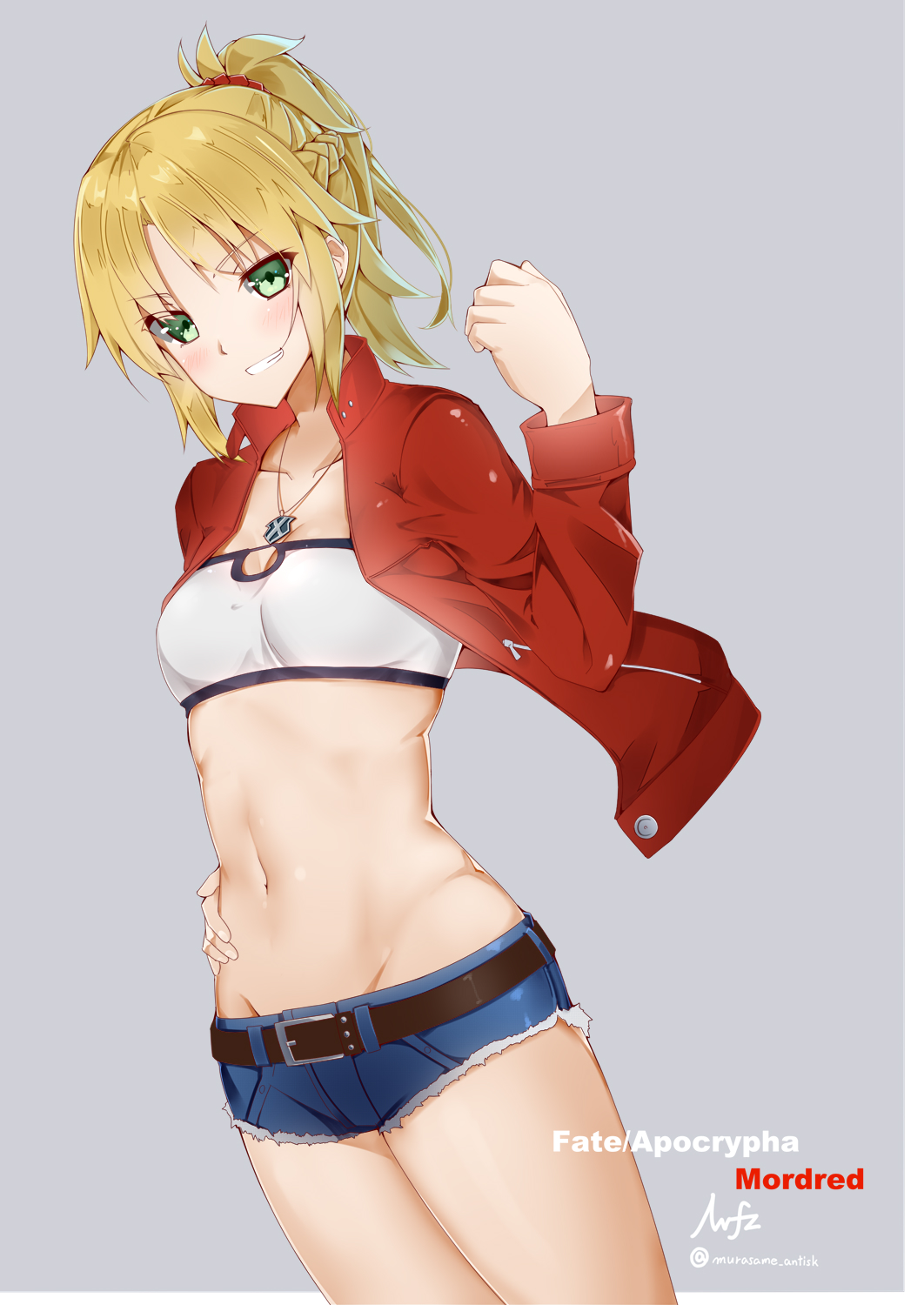 1girl artist_name belt blonde_hair blue_shorts blush bra breasts character_name cleavage collarbone copyright_name cowboy_shot denim denim_shorts dutch_angle eyebrows_visible_through_hair fate/apocrypha fate_(series) green_eyes grey_background grin groin hair_ornament hair_scrunchie hand_on_hip high_ponytail highres jewelry medium_breasts midriff navel necklace saber_of_red scrunchie shiny shiny_skin short_shorts shorts sidelocks signature smile solo standing stomach strapless strapless_bra torn_clothes torn_shorts underwear warashi white_bra