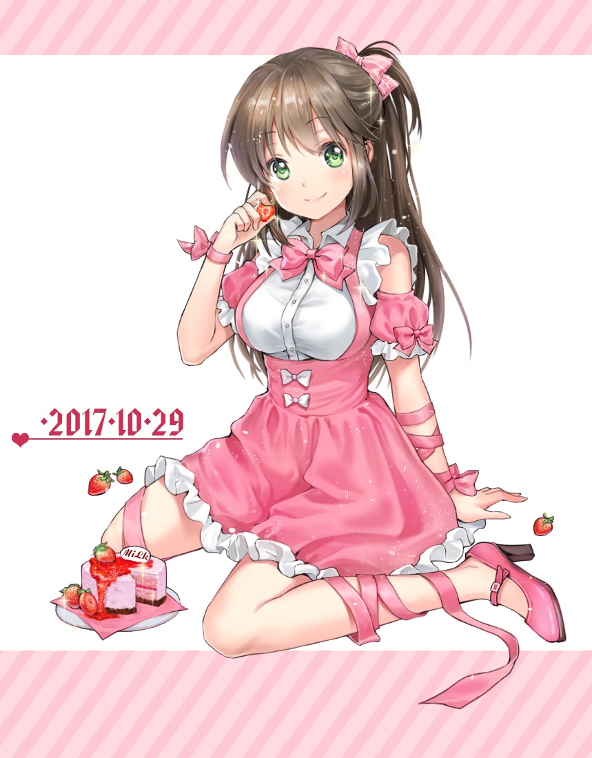 1girl arm_support bangs blush bow brown_hair cake closed_mouth commentary_request dated eyebrows_visible_through_hair food fruit full_body green_eyes high-waist_skirt high_heels holding holding_fruit long_hair looking_at_viewer neck_ribbon pink_footwear pink_neckwear pink_ribbon pink_skirt ponytail puffy_short_sleeves puffy_sleeves ribbon shangguan_feiying short_sleeves sitting skirt smile solo strawberry wariza white_background