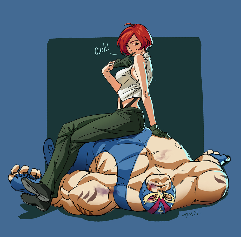 1boy 1girl breasts bruise commentary defeated glove_pull injury legs_crossed mature medium_breasts mouth_pull muscle raiden_(snk) red_eyes redhead short_hair sitting sitting_on_person size_difference sleeveless suspenders the_king_of_fighters tim_yan unconscious vanessa_(king_of_fighters) wrestling_mask wrestling_outfit