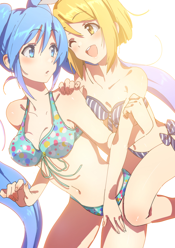 2girls backlighting bikini blonde_hair blue_eyes blue_hair collarbone eyebrows_visible_through_hair hatsune_miku kagamine_rin long_hair multiple_girls navel polka_dot polka_dot_bikini simple_background striped swimsuit twintails vertical-striped_bikini vertical_stripes very_long_hair vocaloid white_background yellow_eyes