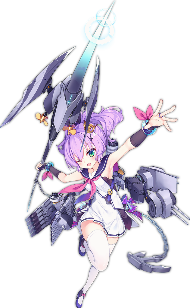 1girl anchor armpits artist_request azur_lane blue_eyes bracelet cannon chains crown dress hair_ornament hairclip holding holding_weapon javelin javelin_(azur_lane) jewelry leg_up namesake official_art one_eye_closed outstretched_arms purple_hair remodel_(azur_lane) solo spread_arms thigh-highs torpedo_tubes transparent_background weapon white_background