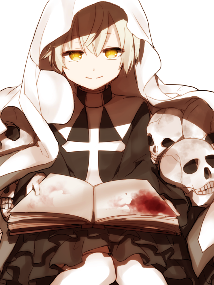 1girl bangs black_dress blanket blood blood_stain book closed_mouth dress feet_out_of_frame hair_between_eyes hiiragi_fuyuki holding holding_book long_sleeves looking_at_viewer open_book original simple_background sitting skull smile solo white_background yellow_eyes