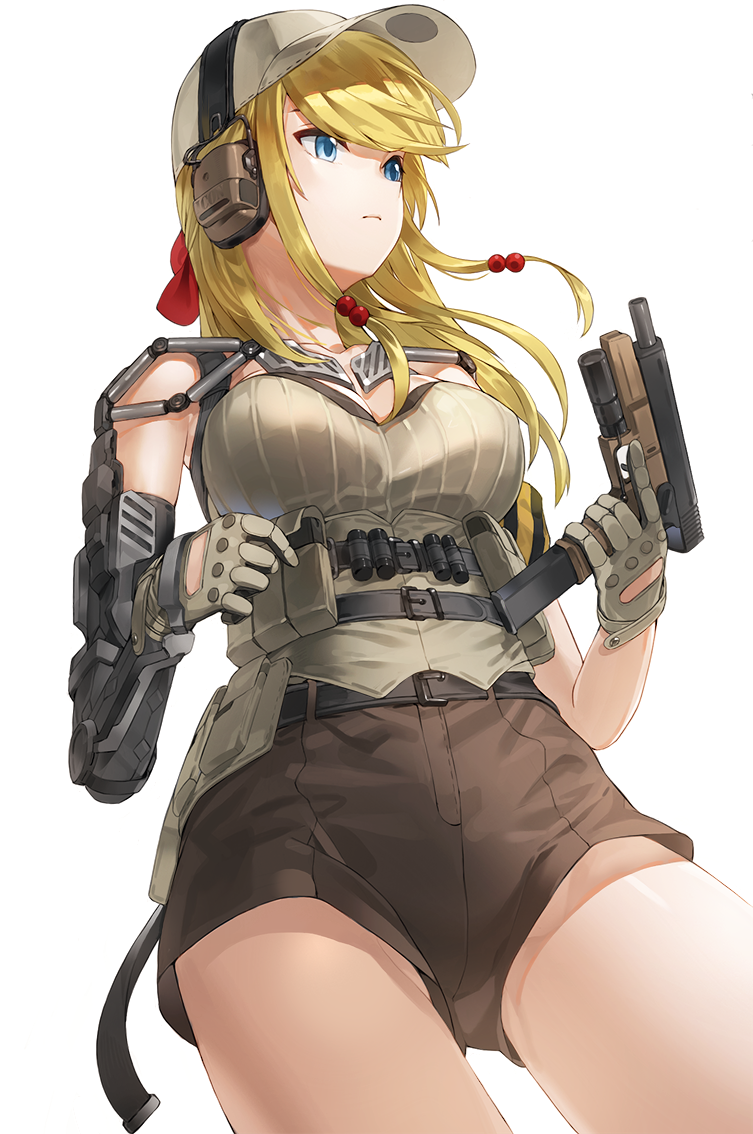 1girl ammunition blonde_hair blue_eyes bow brown_shorts commentary glock glock_18c gun handgun hat kfr long_hair magazine_(weapon) military_operator original pistol short_shorts shorts solo weapon