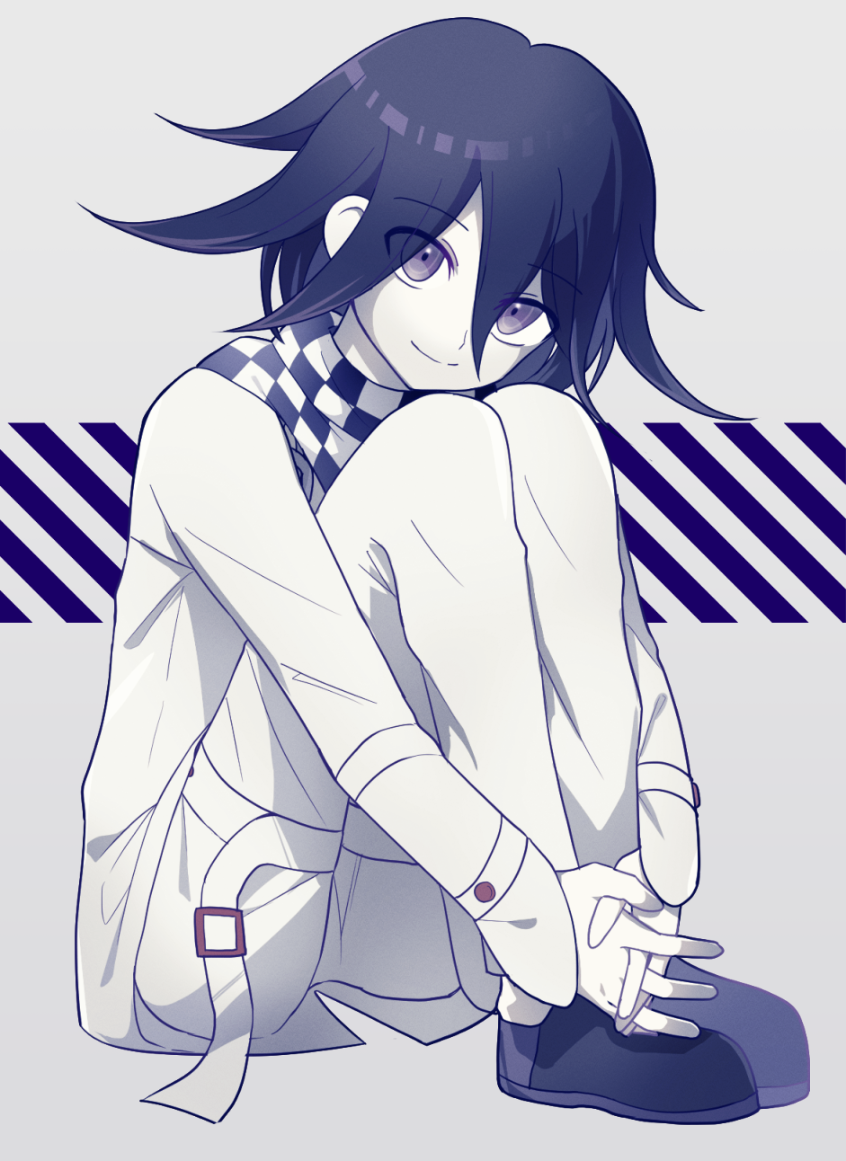 1boy checkered_scarf dangan_ronpa geki_(artist) hands_together highres knees_on_chest knees_together leg_hug looking_at_viewer new_dangan_ronpa_v3 open_eyes ouma_kokichi purple_hair scarf sitting smile straitjacket violet_eyes