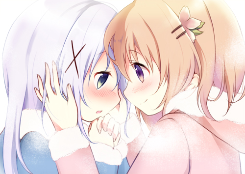 2girls amedamacon bangs blue_jacket blush closed_mouth commentary_request eye_contact eyebrows_visible_through_hair forehead-to-forehead from_side fur-trimmed_jacket fur_trim gochuumon_wa_usagi_desu_ka? green_eyes hair_ornament hairclip hand_on_another's_cheek hand_on_another's_face hands_together hood hooded_jacket hoto_cocoa jacket kafuu_chino light_blue_hair long_hair long_sleeves looking_at_another lowres multiple_girls open_mouth orange_hair pink_jacket portrait simple_background smile violet_eyes white_background x_hair_ornament yuri
