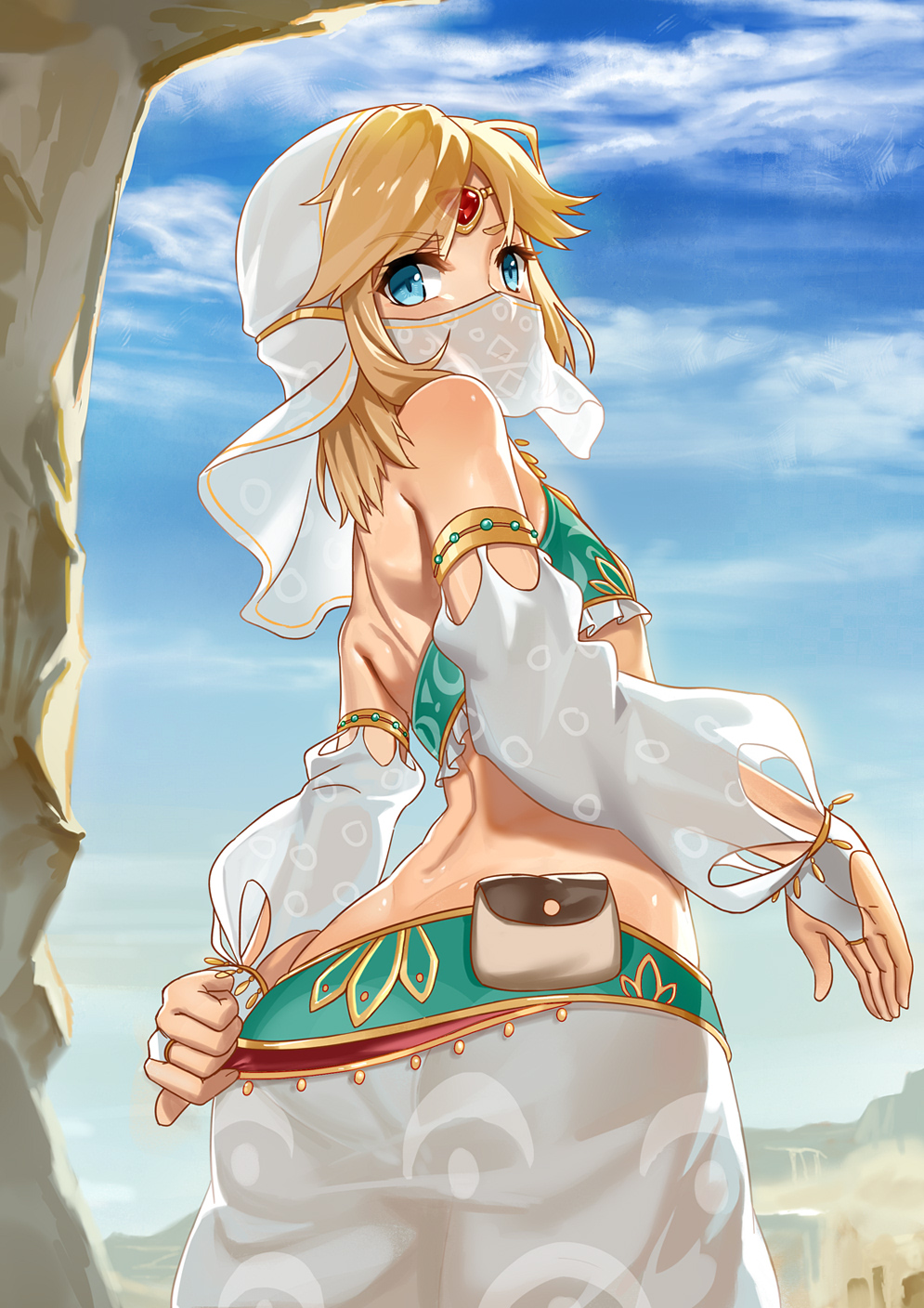 1boy armband ass bare_shoulders blonde_hair blue_eyes bridal_gauntlets clenched_hand clouds detached_sleeves dimples_of_venus elf eyebrows_visible_through_hair from_behind from_below gerudo_link highres jewelry link looking_back looking_down medium_hair panties pointy_ears pouch see-through shoulder_blades shoutai_(7490773) sky solo the_legend_of_zelda tree underwear veil