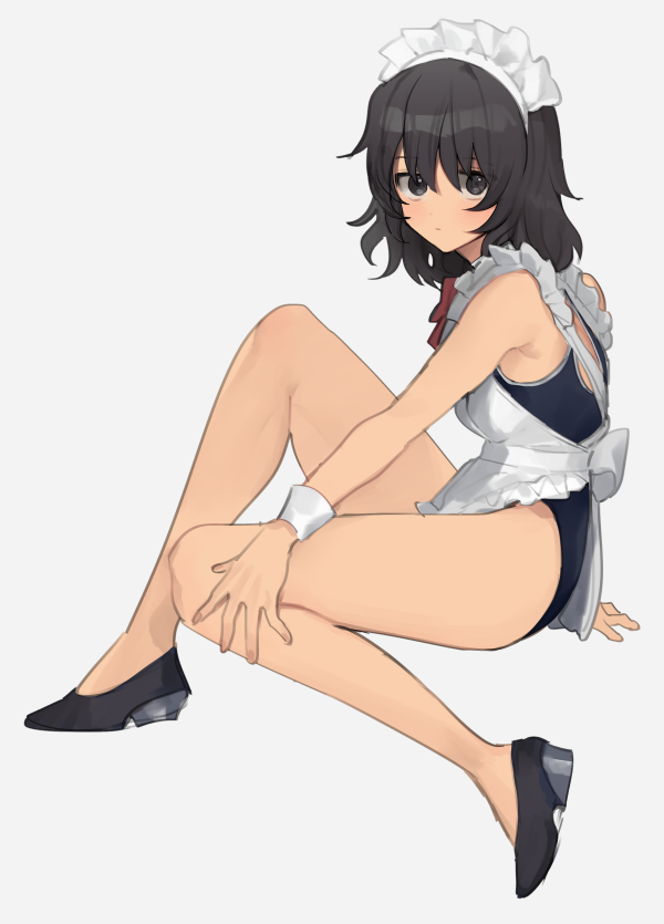 1girl andou_(girls_und_panzer) apron arm_support bangs bare_legs black_eyes black_footwear black_hair black_swimsuit bow bowtie closed_mouth full_body girls_und_panzer grey_background hair_between_eyes long_hair looking_at_viewer red_bow red_bowtie school_swimsuit shiny shiny_hair simple_background sitting sketch solo swimsuit tan_(inka) white_apron wrist_cuffs