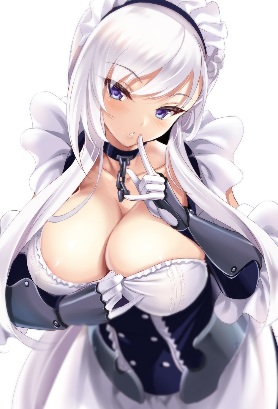 1girl azur_lane bare_shoulders belfast_(azur_lane) black_corset black_gloves blush breasts chains choker cleavage collarbone corset dress elbow_gloves eyebrows_visible_through_hair finger_to_mouth focused from_above gauntlets gloves highres kure_masahiro large_breasts long_hair looking_at_viewer maid_headdress simple_background solo violet_eyes white_background white_dress white_gloves white_hair