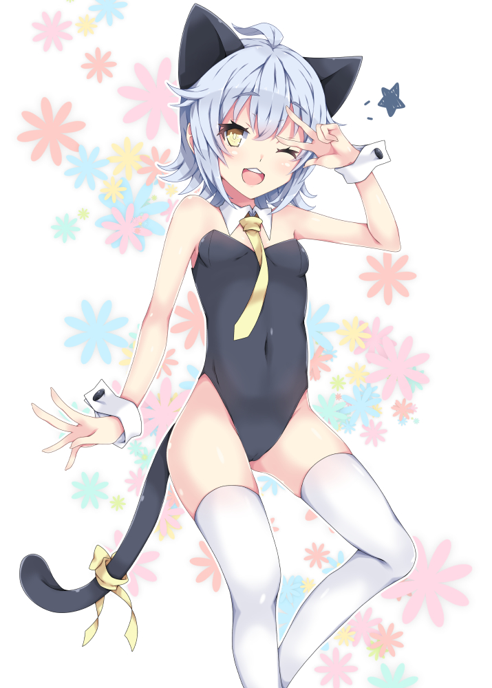 1girl animal_ears black_leotard blue_hair cat_ears cat_tail covered_navel cowboy_shot detached_collar floral_background kittysuit leotard looking_at_viewer milkpanda one_eye_closed open_mouth original short_hair solo standing strapless strapless_leotard tail thigh-highs white_legwear wrist_cuffs yellow_eyes yellow_neckwear