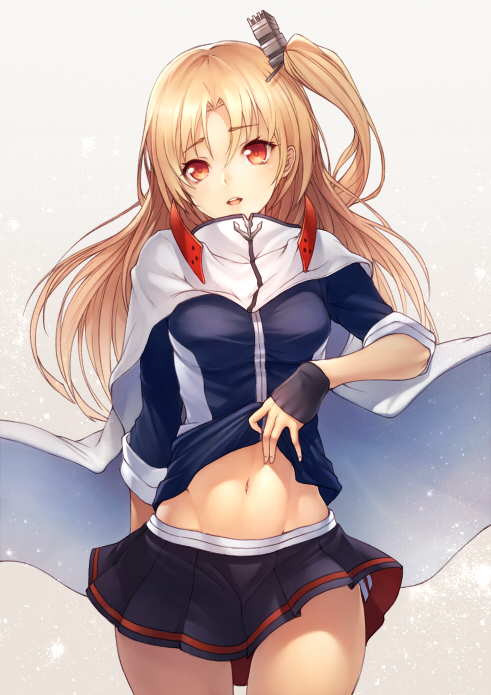 1girl :d arm_behind_back azur_lane bangs black_skirt blush breasts cape cleveland_(azur_lane) clothes_lift cowboy_shot eyebrows_visible_through_hair gloves grey_background half_gloves head_tilt headgear kyoeiki lifted_by_self long_hair long_sleeves looking_at_viewer miniskirt navel one_side_up open_mouth panties parted_bangs simple_background skirt sleeves_past_elbows small_breasts smile solo standing stomach tareme thighs underwear white_cape white_panties