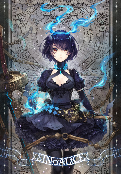 1girl alice_(sinoalice) bangs belt black_gloves black_legwear blue_hair breasts chains checkered cleavage cleavage_cutout copyright_name crescent dress elbow_gloves floating_object frilled_dress frills garter_straps gem gloves hachi_tsudzuri hairband heart looking_at_viewer medium_breasts parted_lips puffy_short_sleeves puffy_sleeves red_eyes roman_numerals short_hair short_sleeves single_glove sinoalice solo standing sword thigh-highs turtleneck weapon