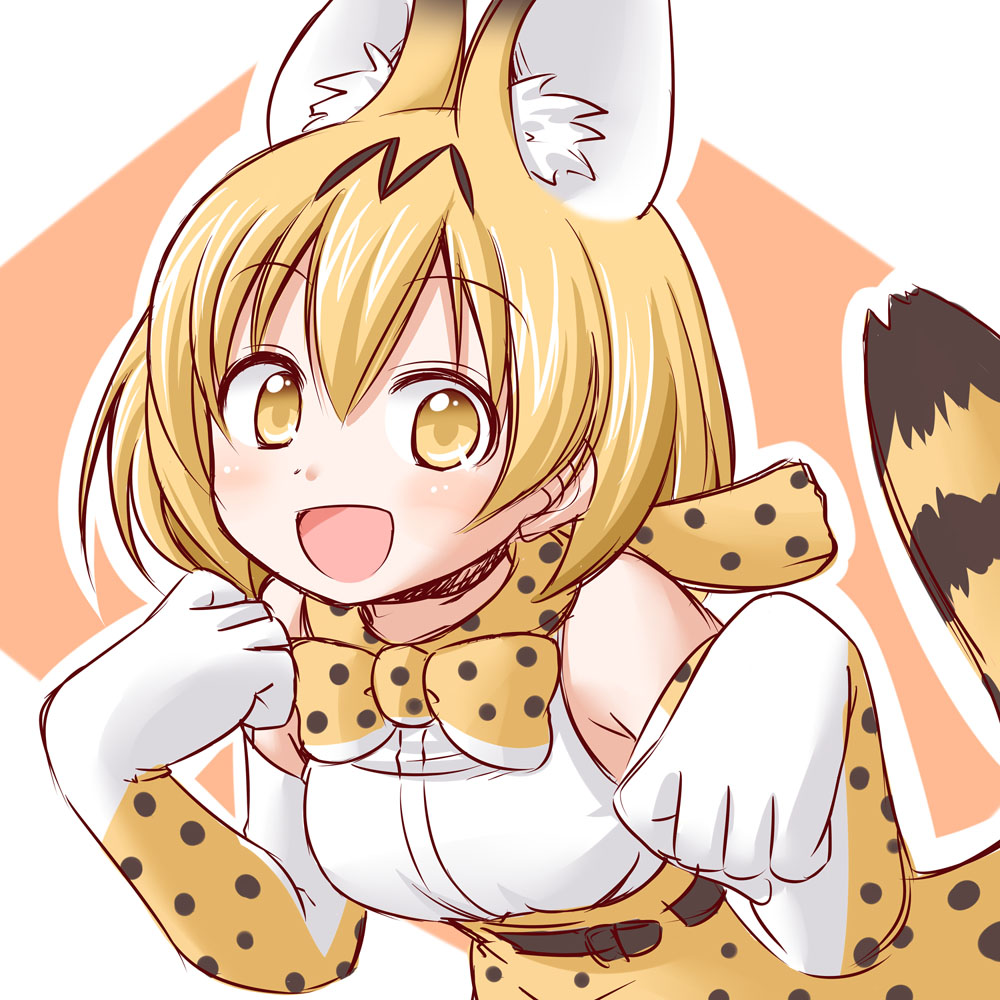 1girl :d animal_ears bare_shoulders belt blonde_hair blush bow bowtie elbow_gloves extra_ears eyebrows_visible_through_hair gloves hair_between_eyes high-waist_skirt kashii_yutaka kemono_friends looking_at_viewer multicolored multicolored_clothes multicolored_gloves open_mouth paw_pose print_gloves print_neckwear print_skirt serval_(kemono_friends) serval_ears serval_tail skirt sleeveless smile solo tail two-tone_background white_background white_gloves yellow_eyes yellow_gloves yellow_skirt