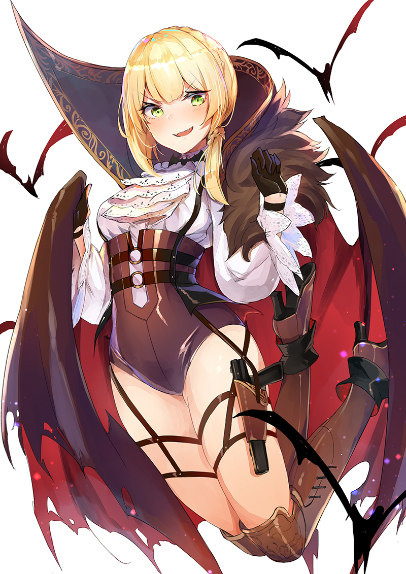 1girl alternate_hairstyle asymmetrical_hair bangs bat belt black_gloves blonde_hair blush boots breasts brown_footwear cape corset cravat dress_shirt fangs fur_collar girls_frontline gloves green_eyes gun halloween_costume hands_up high_collar high_heel_boots high_heels hips holster jumping knee_boots looking_at_viewer luse_maonang medium_breasts o-ring open_mouth puffy_sleeves shirt short_hair short_ponytail simple_background smile solo thigh_holster thighs waist weapon welrod_mk2_(girls_frontline) white_background
